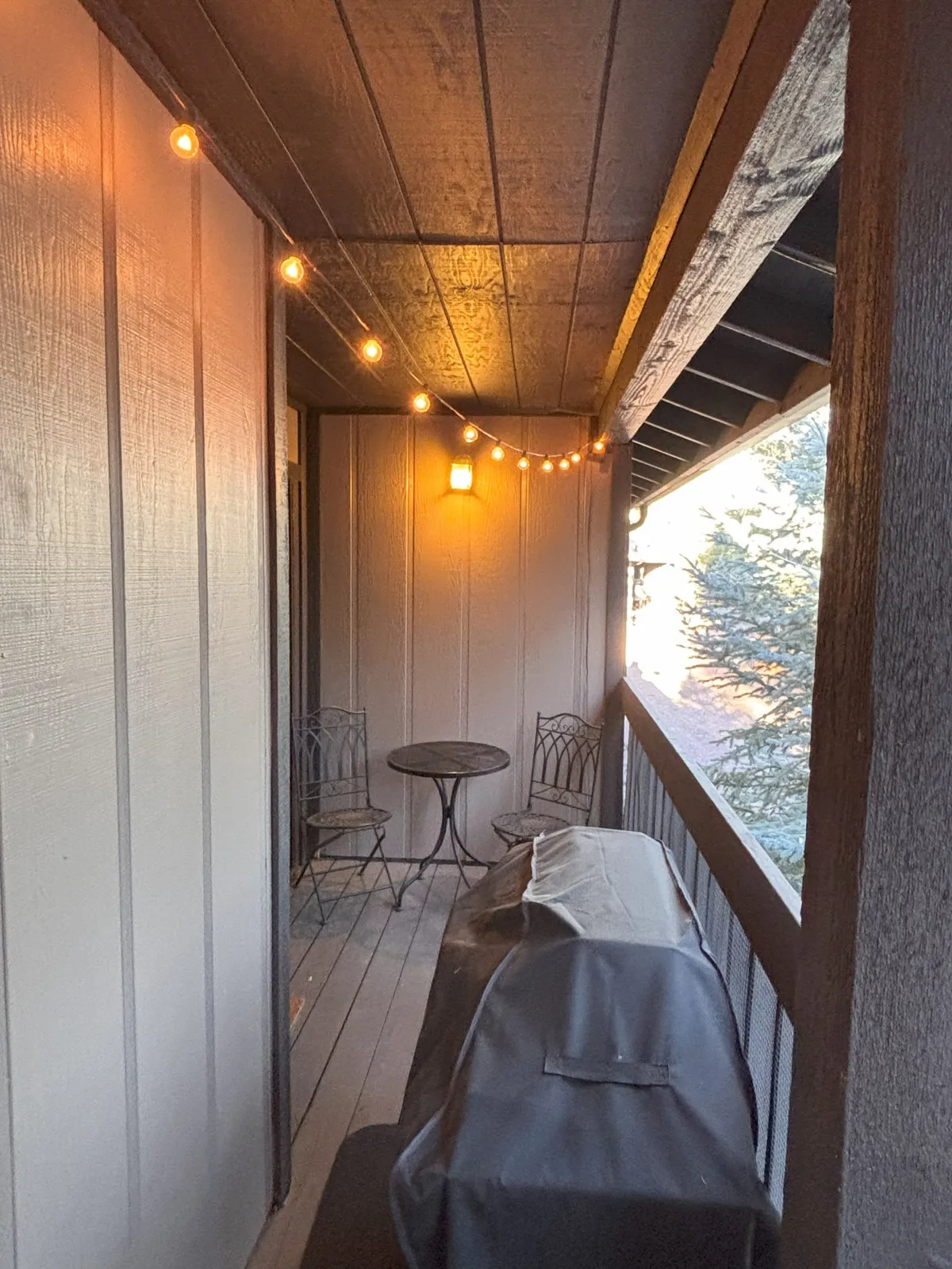 An inviting outdoor covered patio space featuring string lights overhead, a small table with chairs, and a grill. The setting evokes a sense of warmth and sociability, perfect for sharing meals or relaxing in the fresh air. The patio is surrounded by natural elements that hint at woodland views beyond.